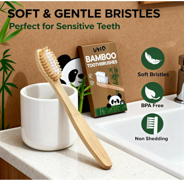 Bamboo Toothbrushes 10 Pack Biodegradable Soft Medium Charcoal Bristles