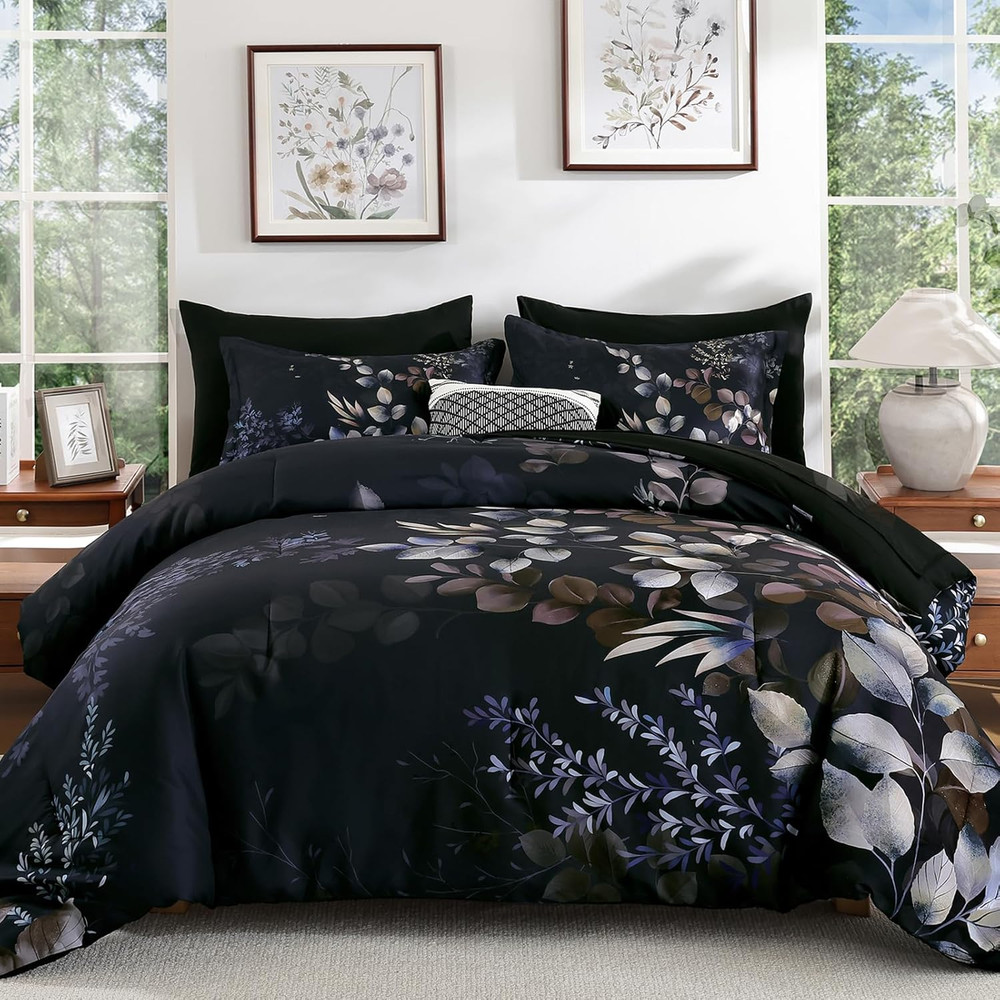 Black Floral Comforter Set Queen 7Pc Bed in a Bag Microfiber Bedding