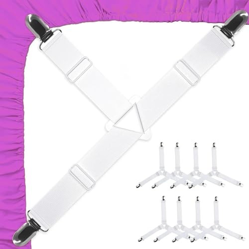 Bed Sheet Holder Straps, Adjustable Bed Sheet Straps Holders, Fitted 8 White