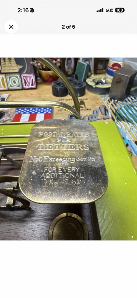 vintage brass postal letter scale w/ weights