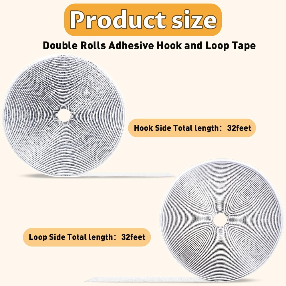 32 Ft × 1 Inch Hook and Loop Strips with Adhesive, 2 Rolls White Self Sticky ...