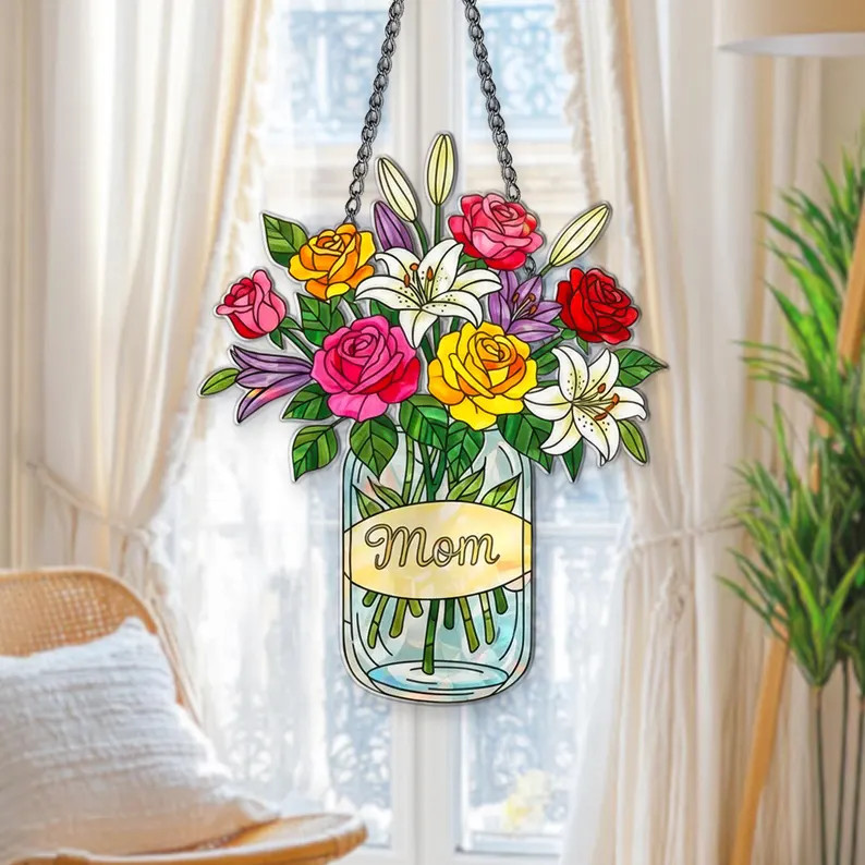 Personalized Mom Flower Jar Acrylic Suncatcher Gift