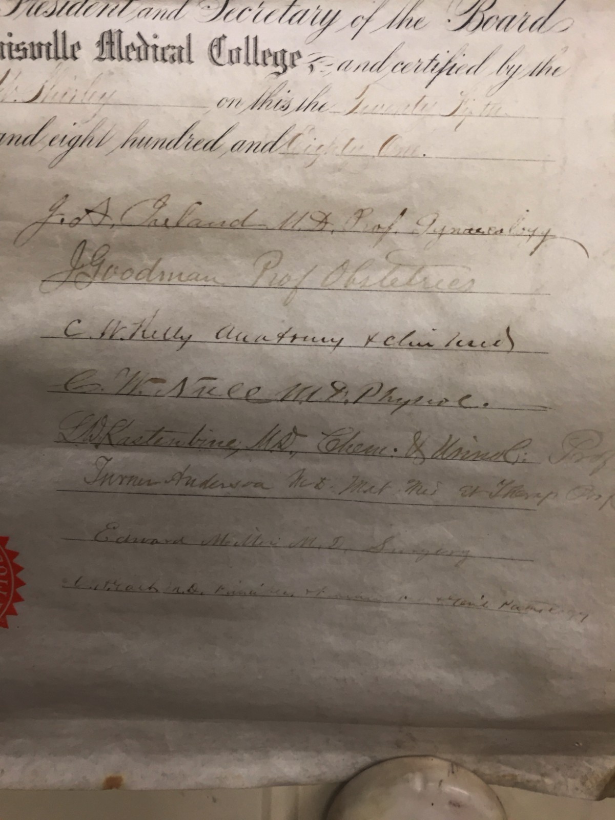 ANTIQUE 1881 LOUISVILLE MEDICAL COLLEGE DOCTOR DIPLOMA ON PARCHMENT GOOD