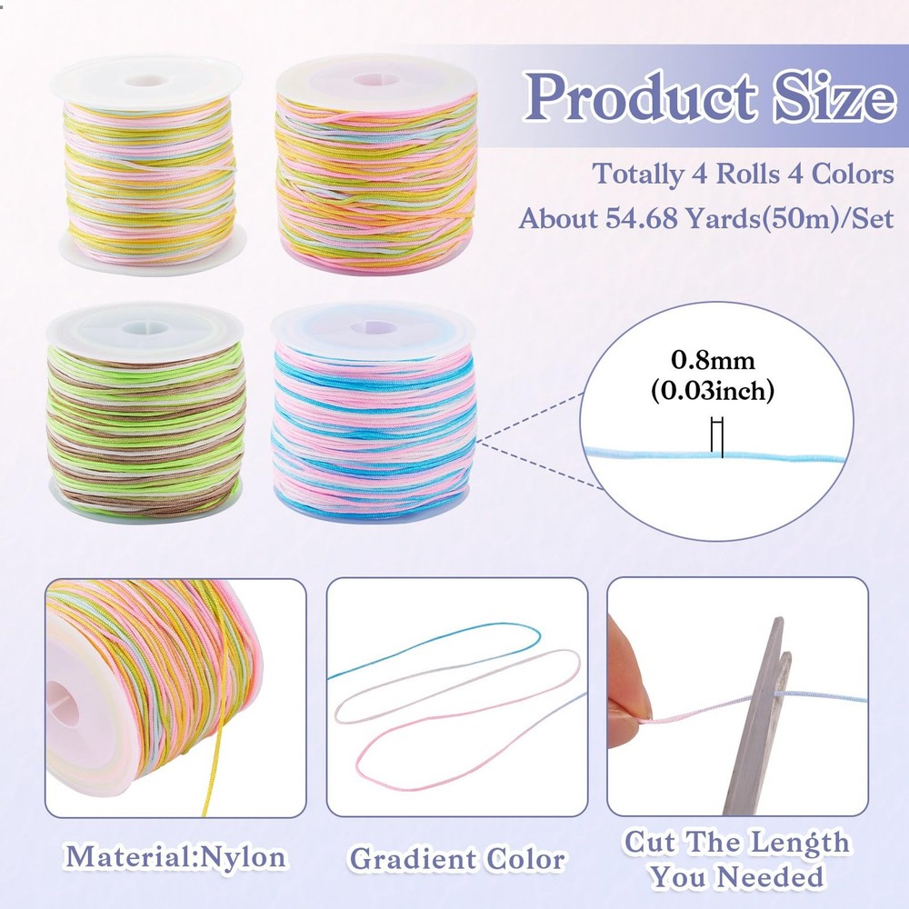 4 Rolls Nylon Cord Segment Dyed String 0.8mm, 4 Colors,