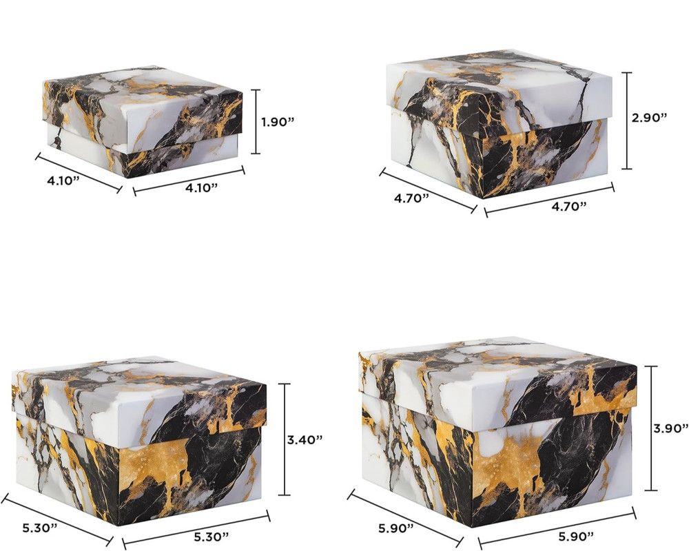 4 PC SET - Square Gift Boxes with Lids, Gold Black & White Marble, Nested Boxes