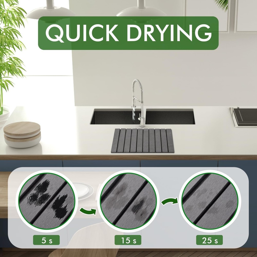 Stone Drying Mat for Kitchen Counter, Large Dark Gray Foldable Diatomaceous E...