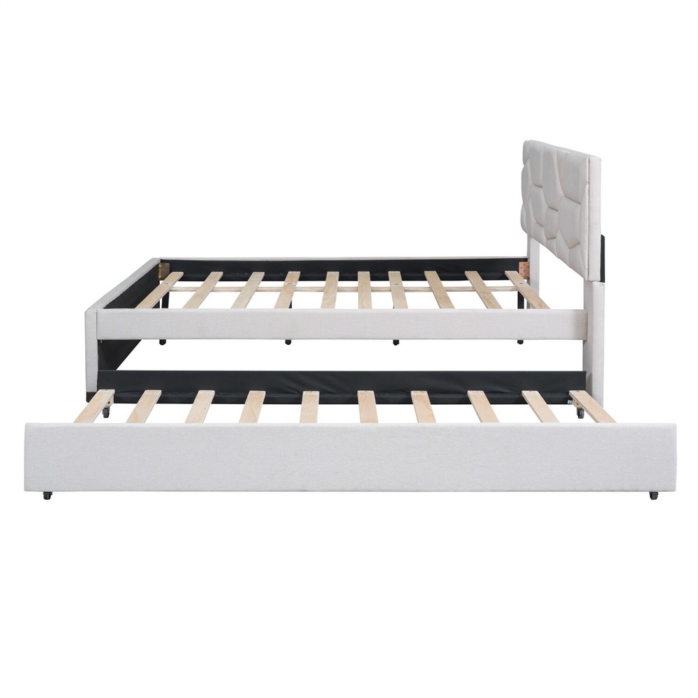 Full/Queen Size Bed Frame Upholstered Platform Bed w/ Headboard Beige/Gray US