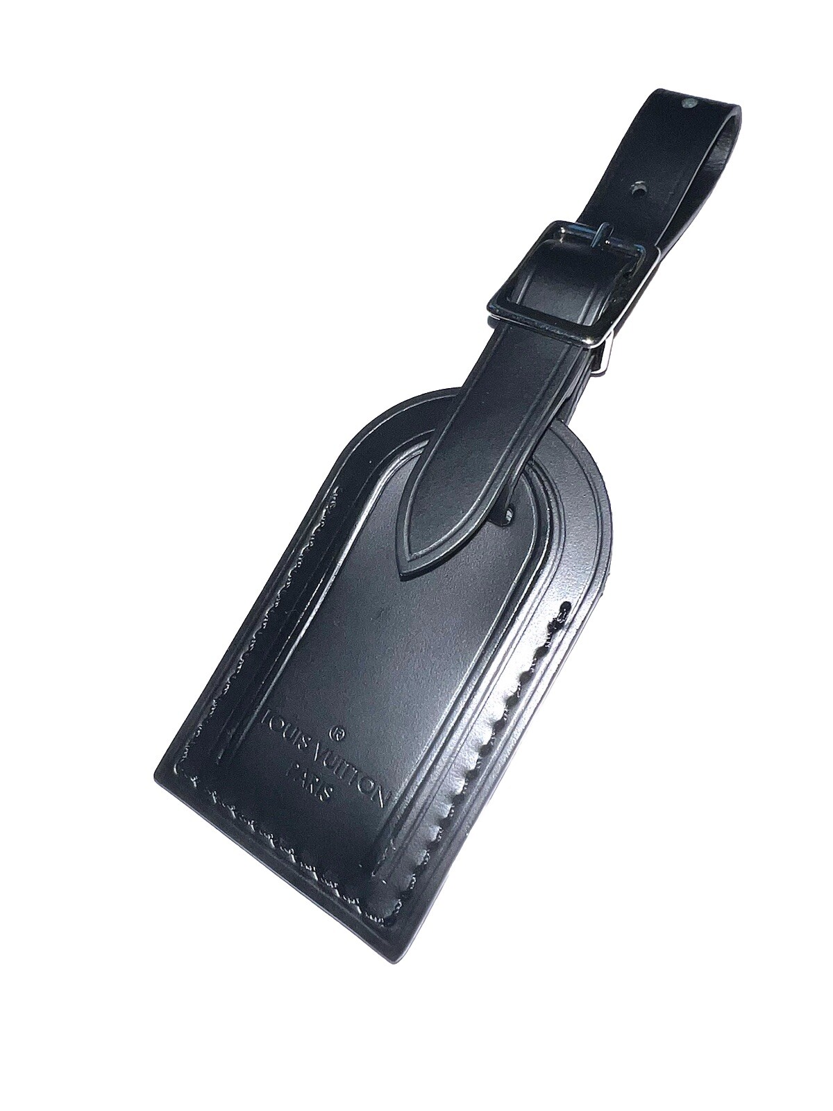Louis Vuitton PARIS Black Leather ID Name Tag w/ Silver tone Small 🎊