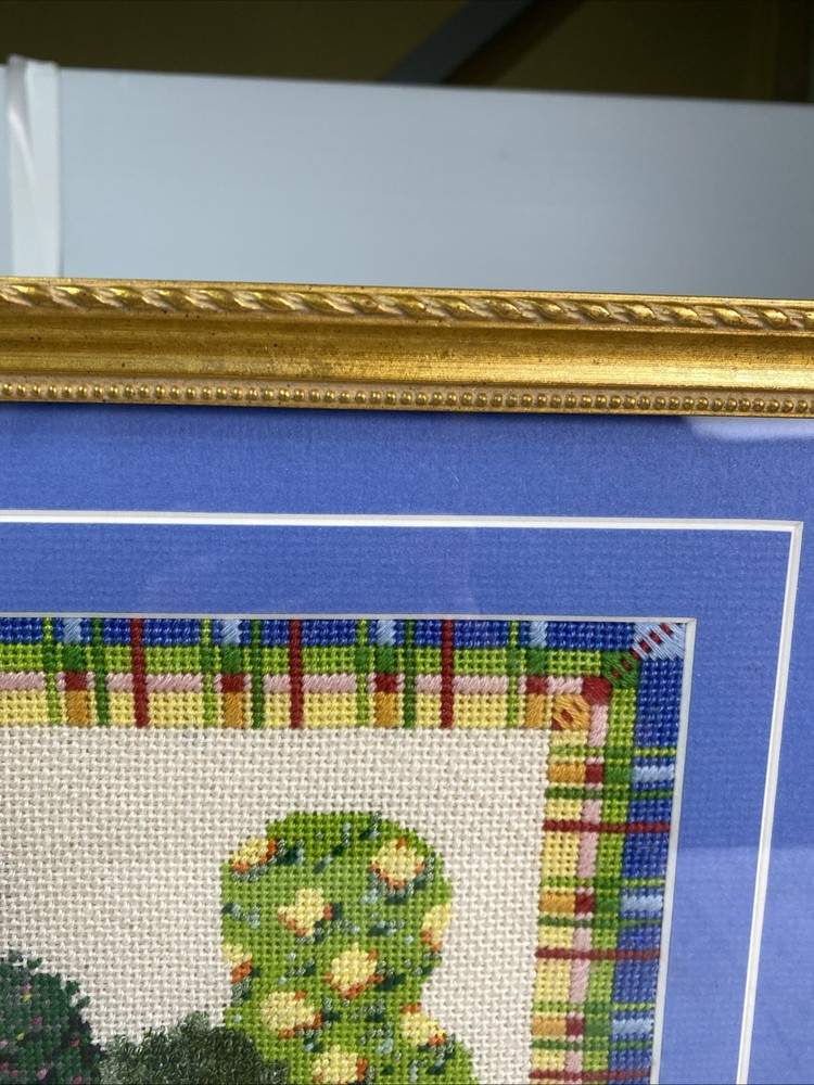 Needlepoint Topiaries Trees Framed Embroidery 2008 Excellent Condition