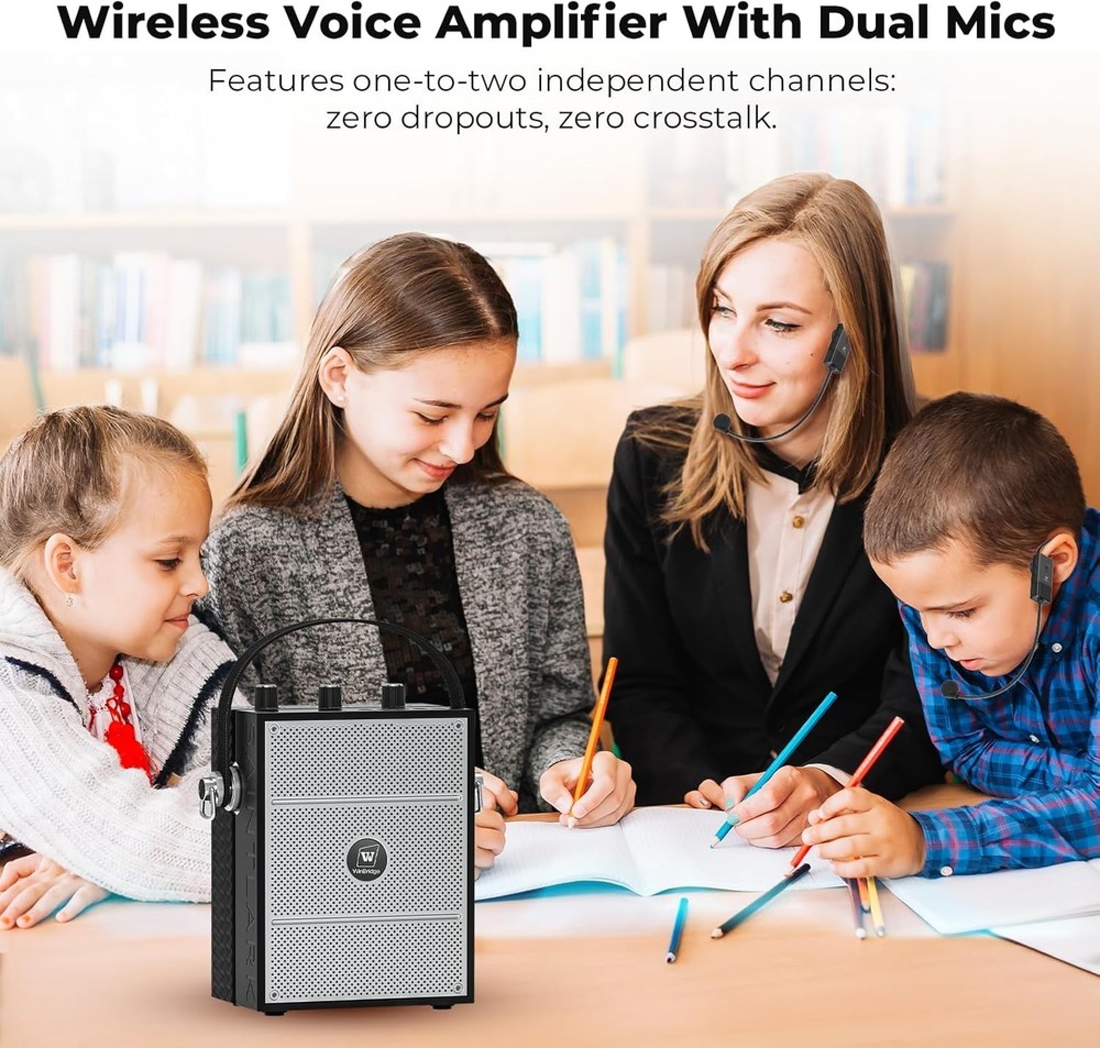 Wireless Bluetooth Amplifier, Portable, w/ 2 Headset Microphones for Instructors
