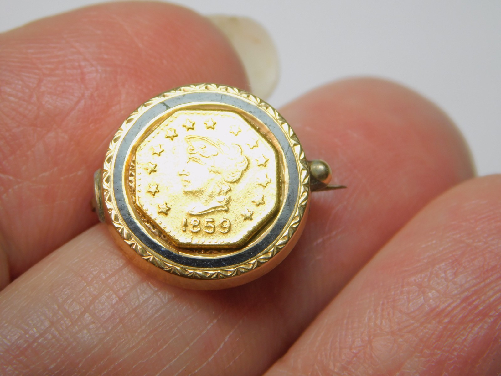 VERY UNUSUAL 1859 CALIFORNIA GOLD PIECE ON ENAMELED 10k GOLD PIN! FREE SHIPPING!