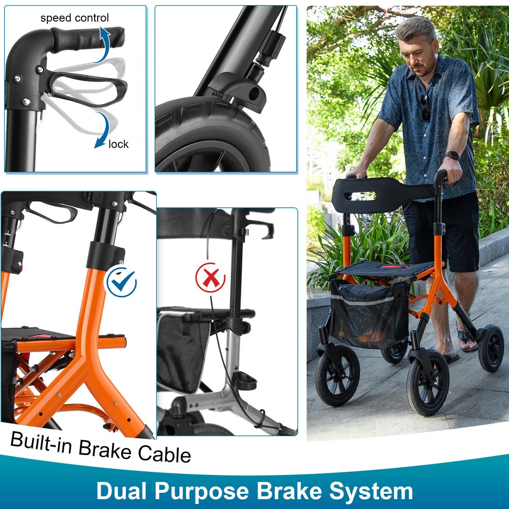 MAXWALK Rollator Walker 12in Rubber Wheels W/ Folding Mesh Backrest Adjust Seat