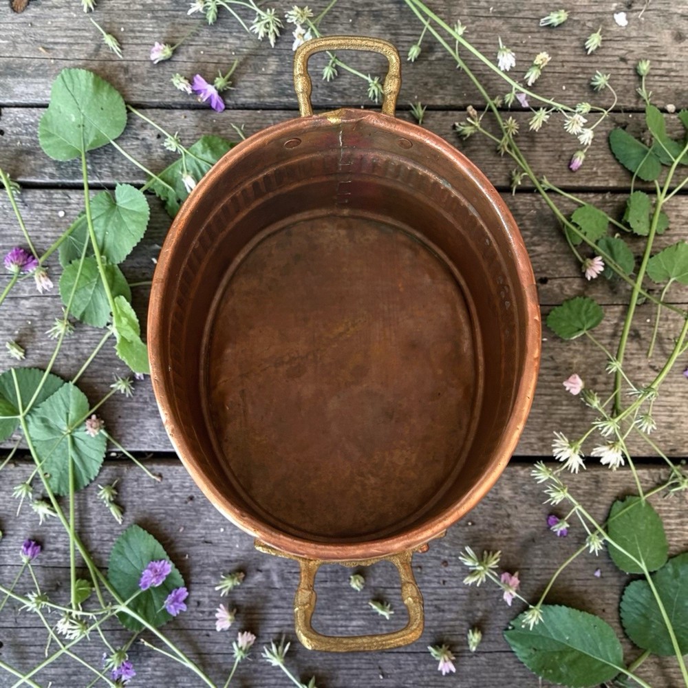 Vintage Solid Copper Planter with Brass Handles