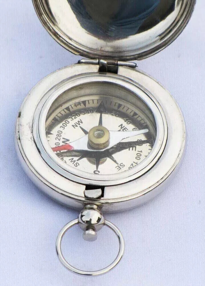 Vintage Brass Compass Push Button Compass Marine Silver Pocket Compass