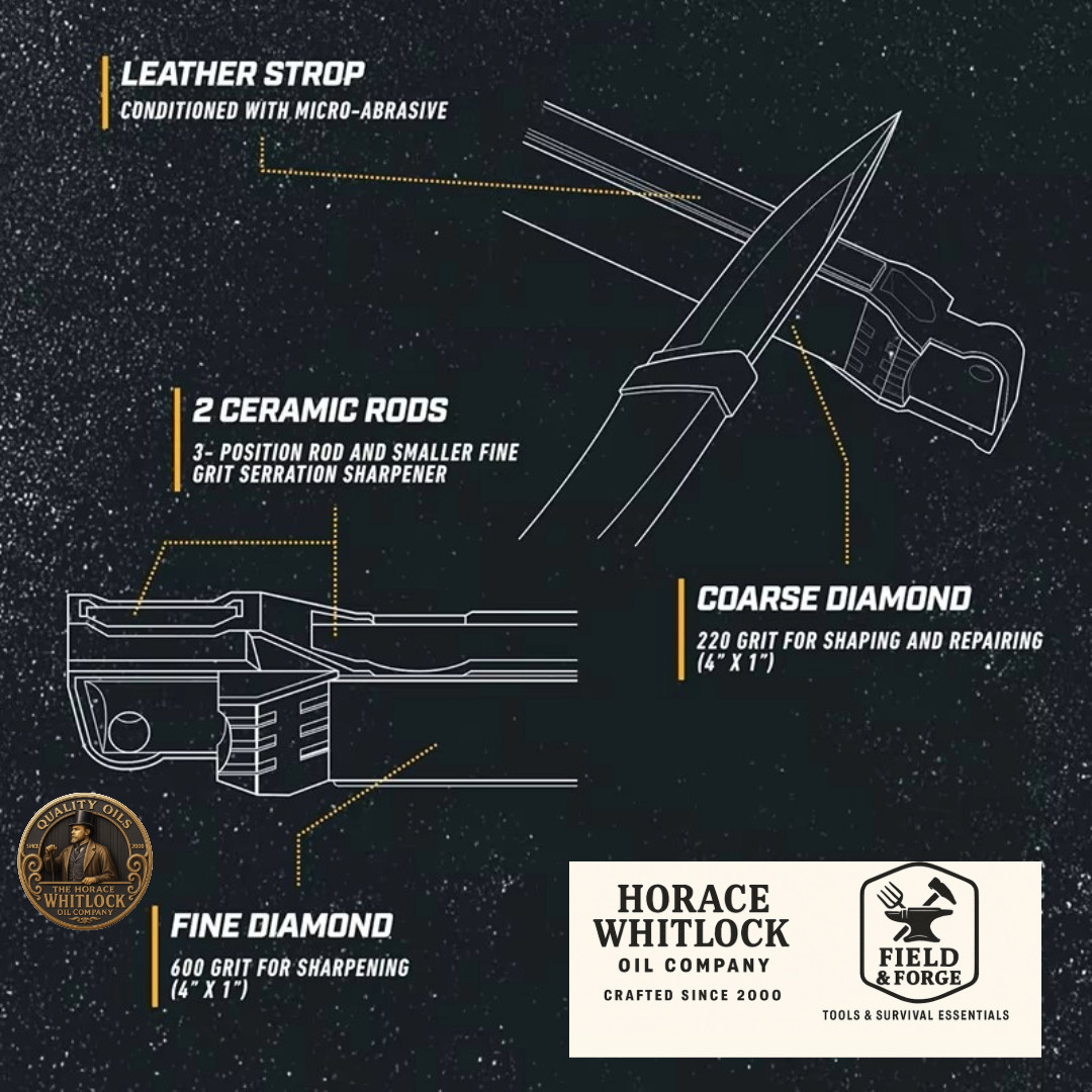 Survival Knife Sharpener 6-in-1 | Angle Guides + Diamond, Ceramic, Leather