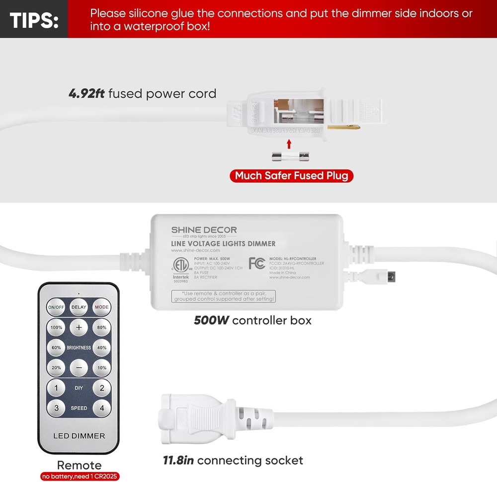 Dimmer Pack Remote & 32.8Ft COB LED Neon Rope Lights Bundle