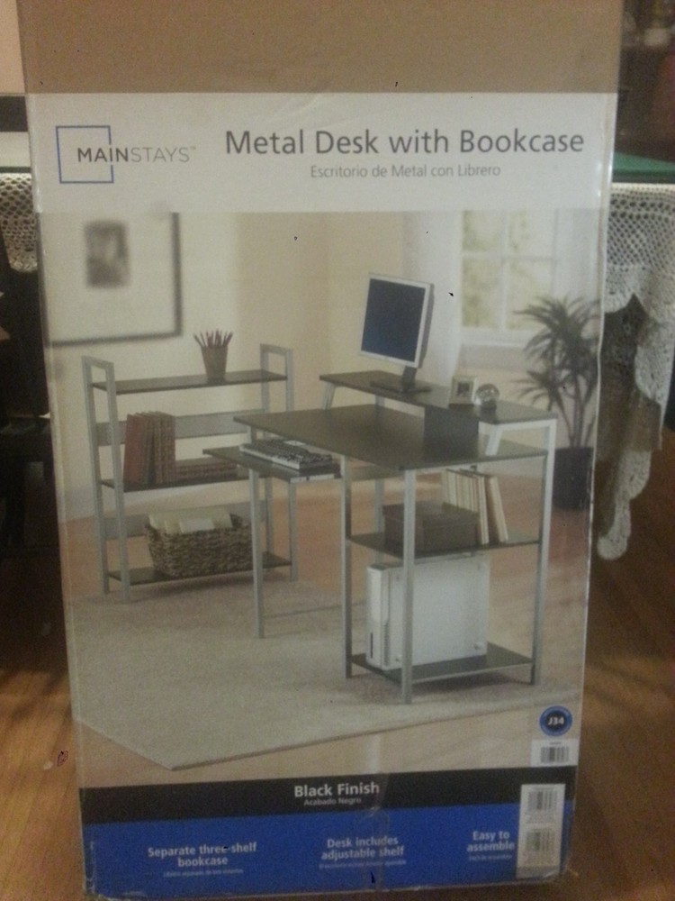metal-desk with bookcase