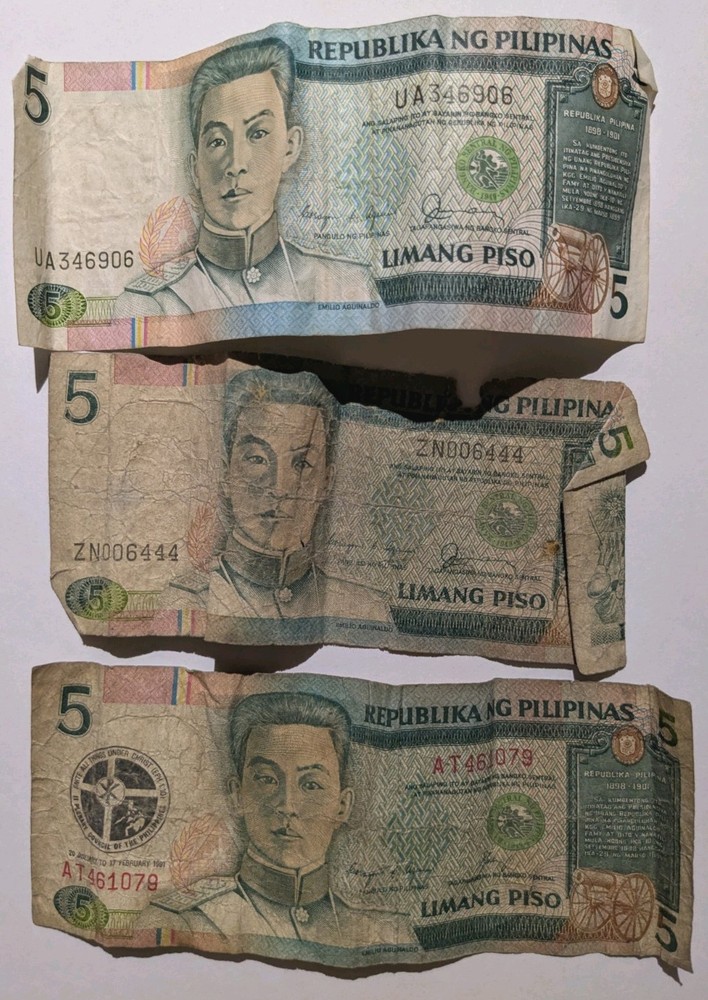 3 1989 Limang 5 Philippine Piso Banknotes