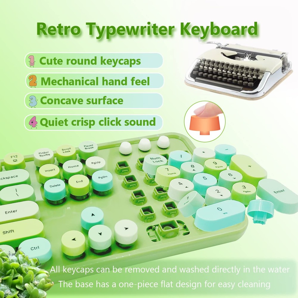 Wireless Keyboard and Mouse Combo Retro Typewriter Ergonomic Set Green