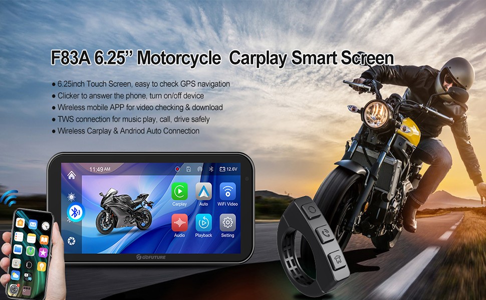 6.25" Motorcycle GPS Navigation Touch Screen Wireless CarPlay Android Auto Cam