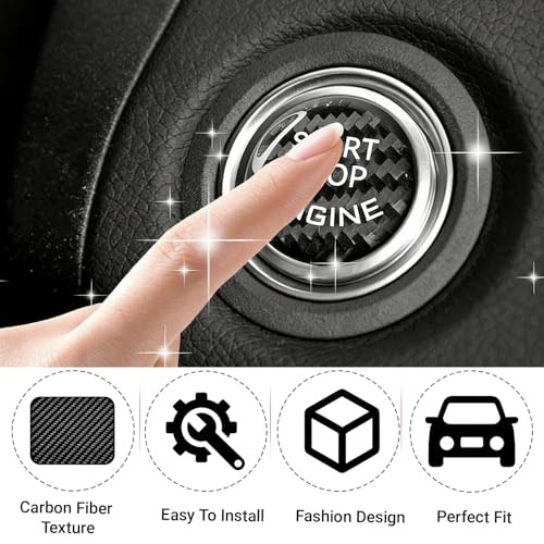 Car Push Start Button Cover, Engine Start Button 1 PC Carbon Fiber Black