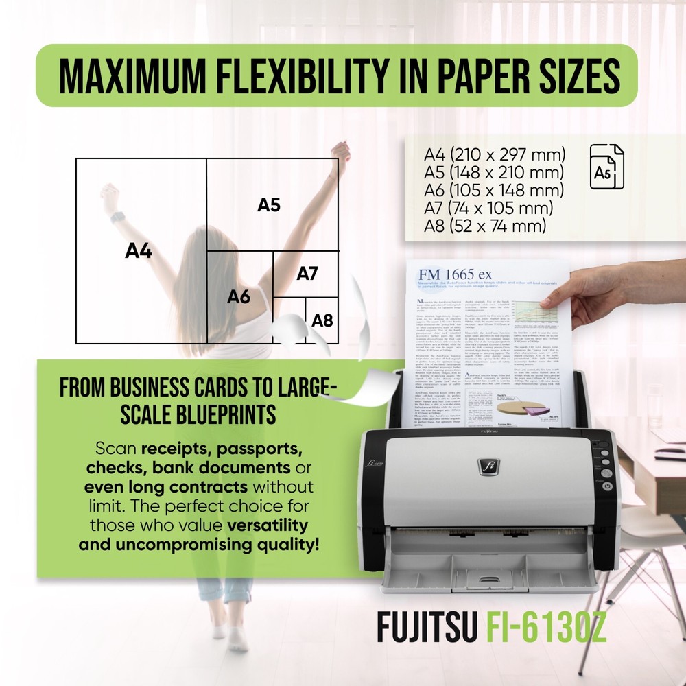 Fujitsu FI-6130Z Duplex Scanner w/NEW ZERO COUNT ROLLERS & Trays AC Adapter USB