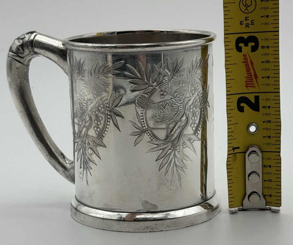 Vintage Mini Silverplate Mug Bird Bamboo Etched 3” Small Cup Keepsake Decor