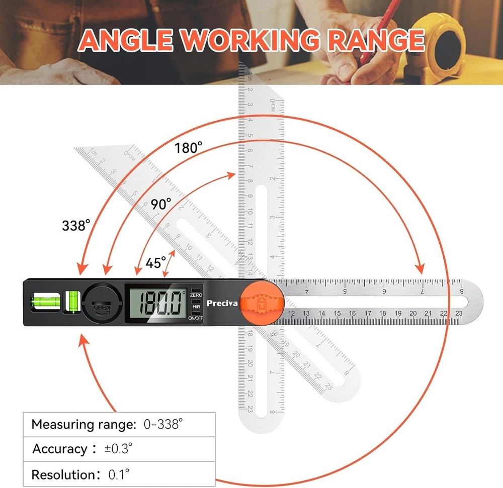 Versatile Digital Angle Finder with LCD & Bubbles, 8 Inch Precision Protractor