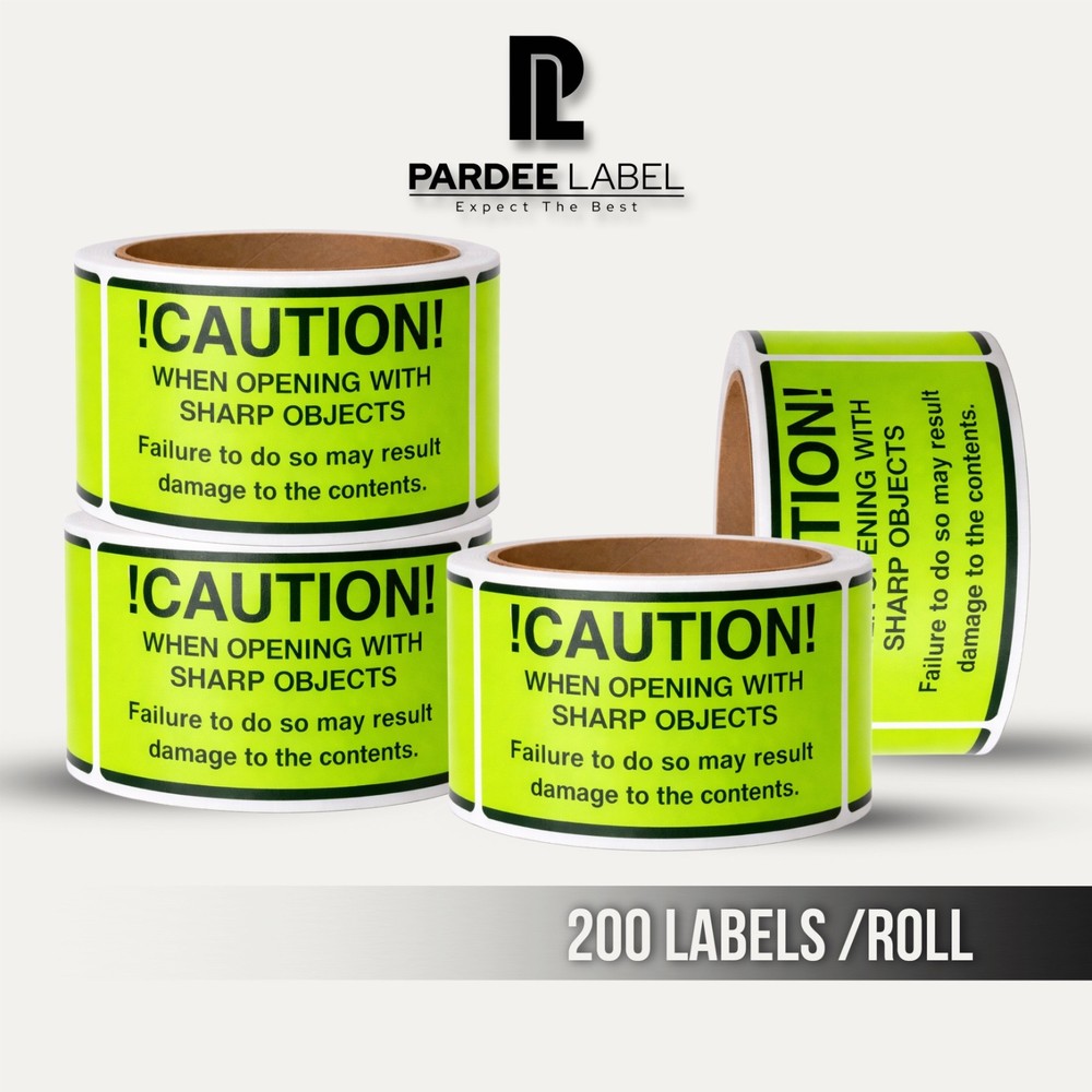 Caution Sharp Objects Stickers 2x4 Neon – 200 Safety Labels Roll