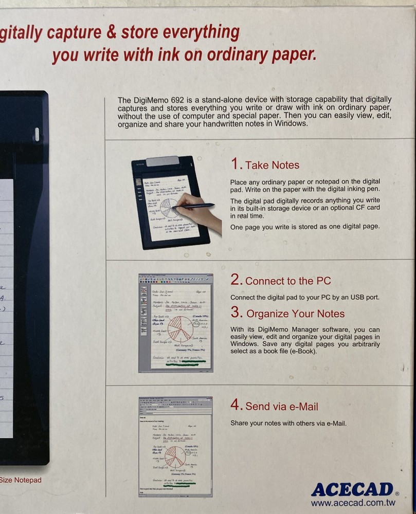 ACECAD DigiMemo 692 Digital Notepad Write On Paper e-Mail Factory Sealed
