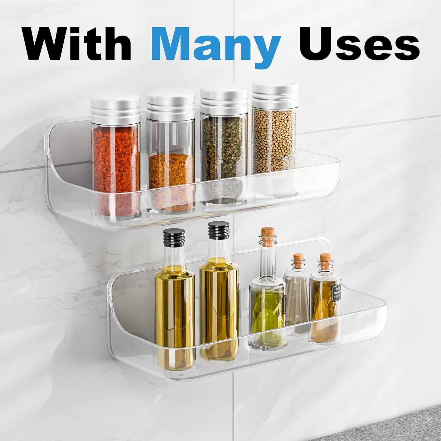 Kawfle Adhesive Shower Caddy, 2 Pack Acrylic Bathroom Shelves, No Drill Wall