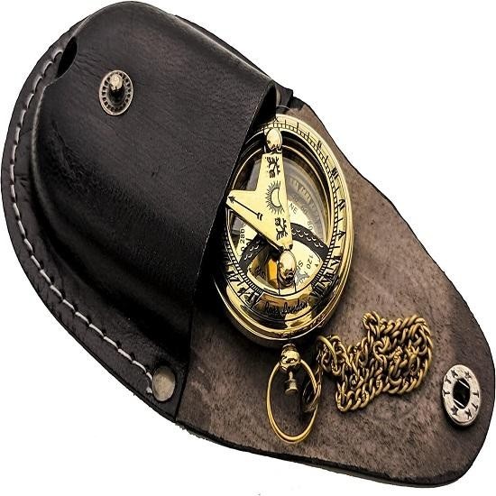 Brass Sundial Compass with Leather Case and Chain, Push Open Compass