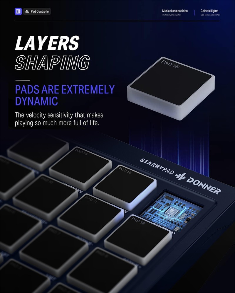 16 Pad MIDI Beat Maker Donner STARRYPAD 2 Assignable Fader Knobs Blue