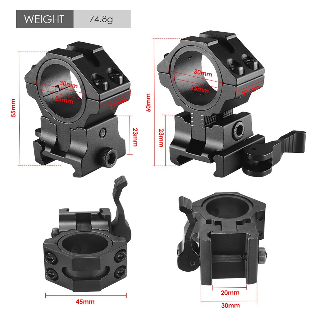 2Pack Adjustable Height Scope Ring 25.4mm/30mm for 20mm Dovetail Rail Riser Base