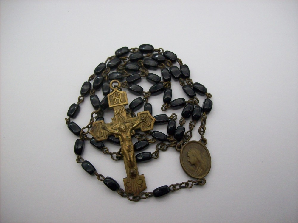 Vintage Catholic Rosary Black Beads Brass Crucifix Made in Czechoslovakia