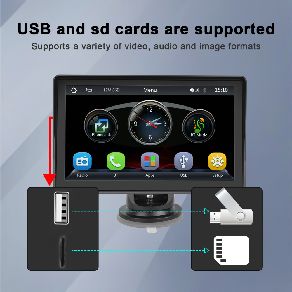 7'' Portable Wireless Apple CarPlay Android Auto Touch Screen Car Radio Stereo