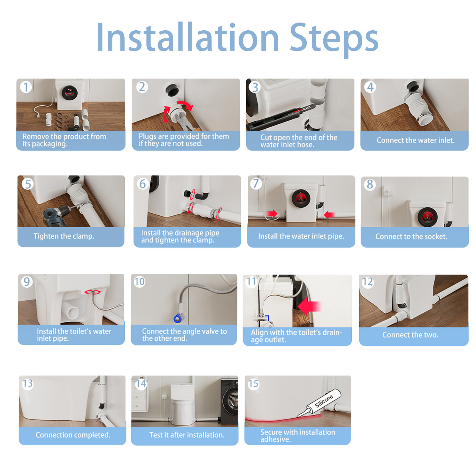 600W One Piece Macerating Toilet System Upflush Toilet with Pump 3 Inlets