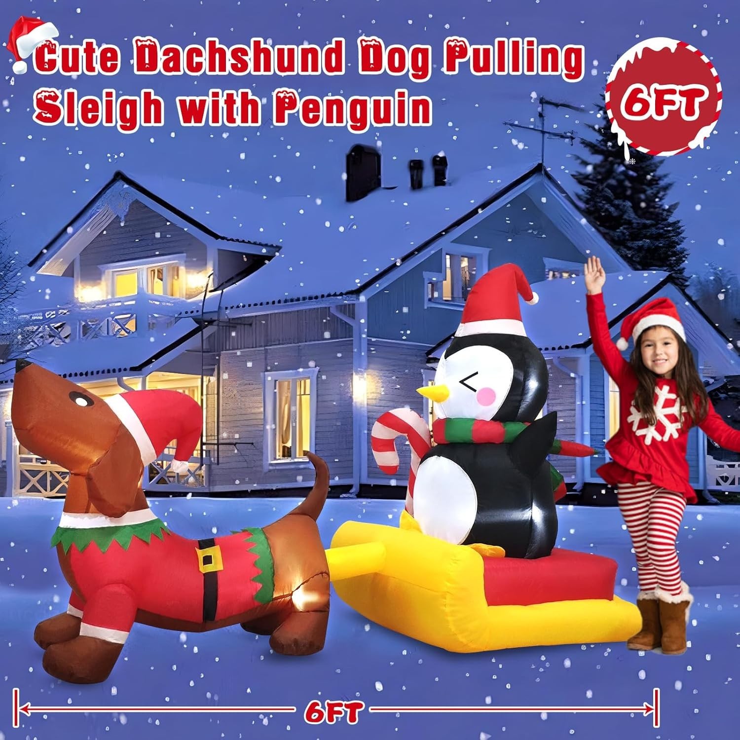 Festive 6 FT Inflatable Dog Sleigh with Penguin - LED Illuminated Holiday Charm
