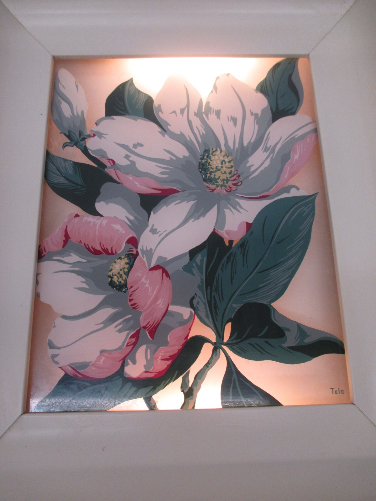 2 Vtg Reverse Painted Glass Floral George Telo Shadow Light Box Lighted Wall Art