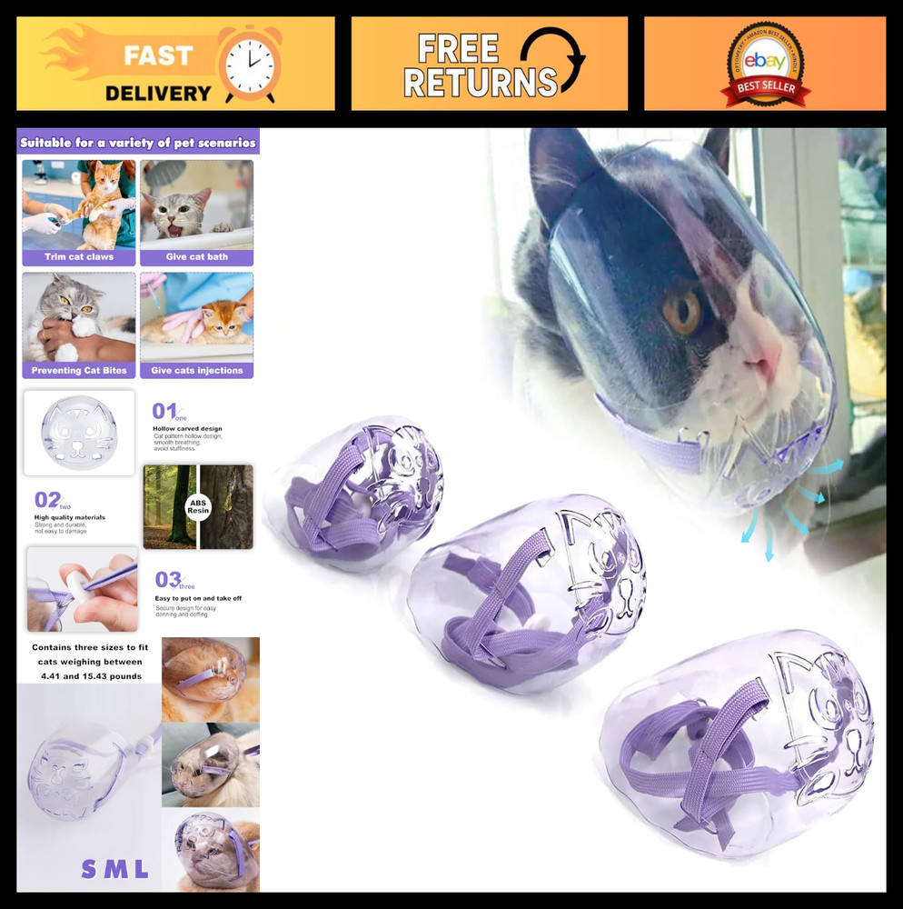 3PCS Cat Muzzle Set - Breathable Transparent Muzzles for Grooming & Restraint -