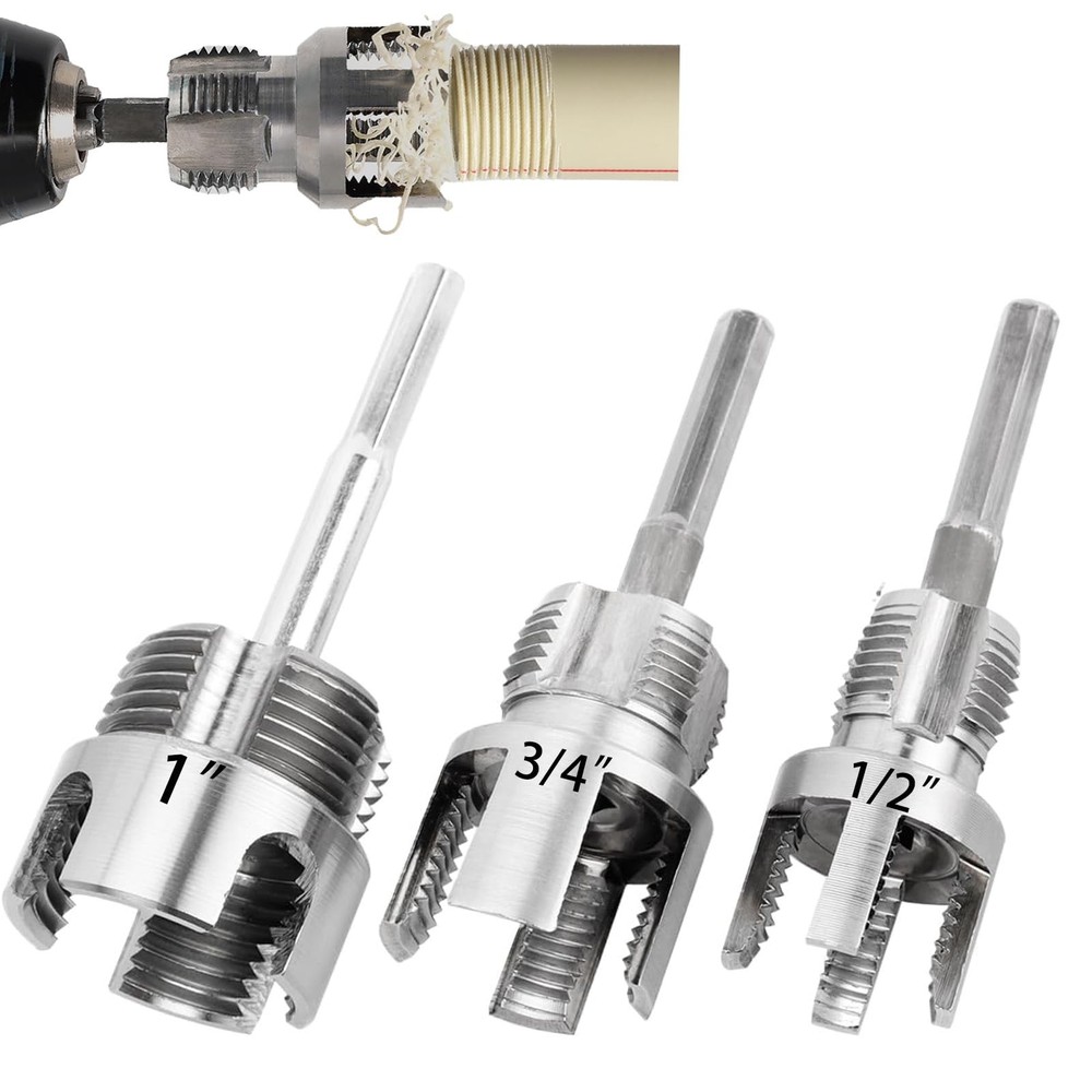 PVC Pipe Threader Kit, 3 Piece Set, 1/2" 3/4" 1" NPT Sizes, Dual-Function Int...