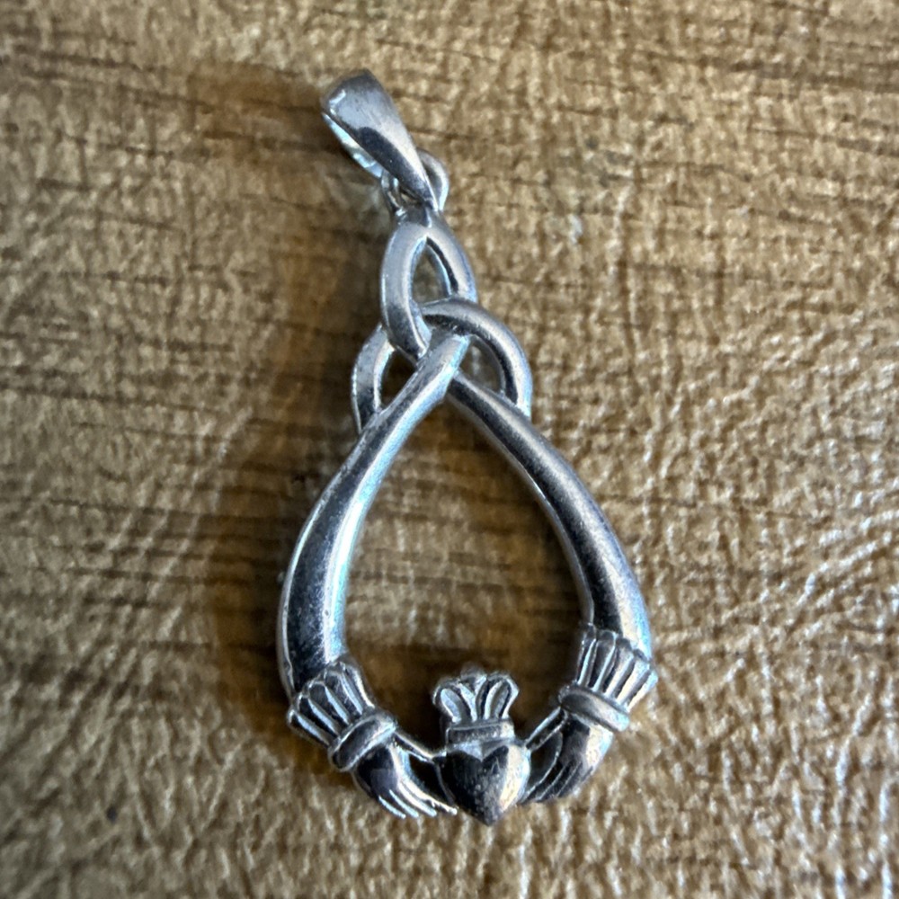 Sterling Silver Claddagh Trinity Celtic Pendant Signed Solver