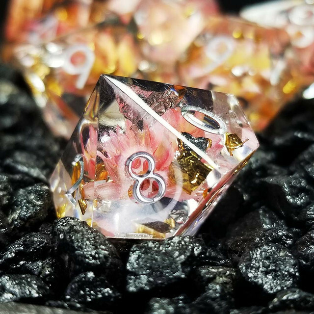 Sage’s Enchanted Flower Pink Sharp Edge Resin Polyhedral Dice Set DnD