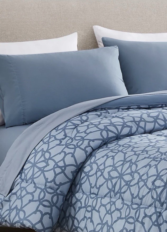 Badgley Mischka Queen Comforter Neutral Blue/gray Print Reverse Solid W/Bag New