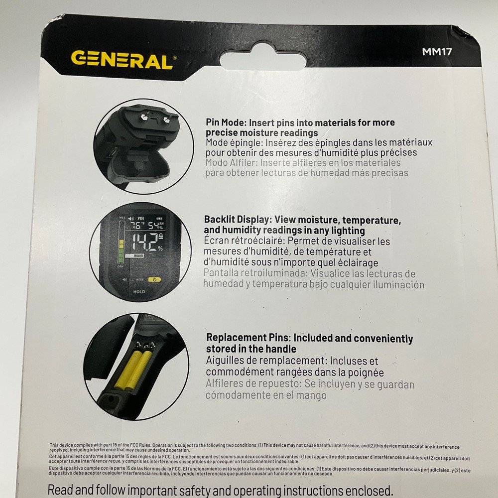 General Tools Pin Moisture Meter MM17 Backlit Display for Wood Drywall NEW