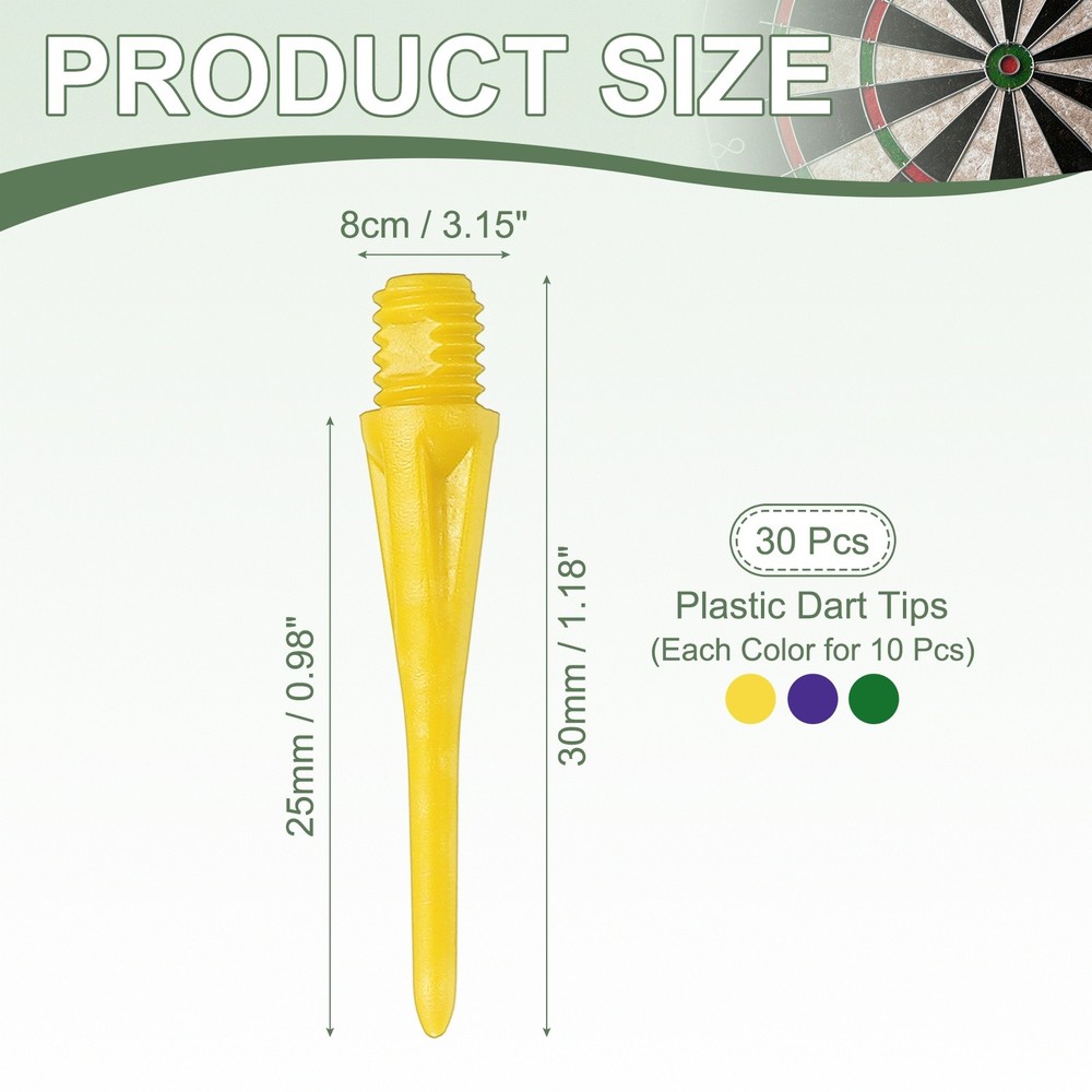 Plastic Dart Tip 2BA Thread Soft Tip Dart Accessory 30 Pack &Yellow/Green/Purple