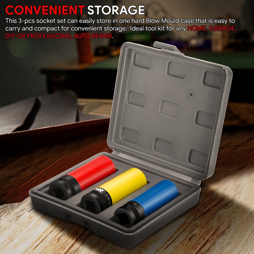 3Pcs 1/2" Drive Deep Impact Wheel Protector Lug Nut Bolt Socket Set w/Carry Case