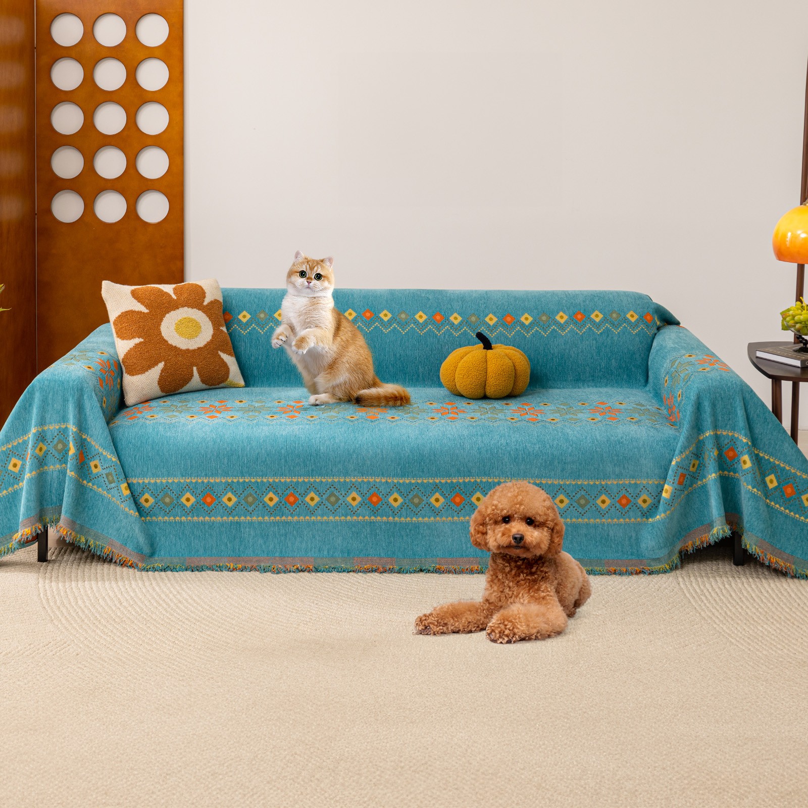 Chenille Boho Couch Cover Washable Jacquard Tassel Sofa Throw Scratch-Resistant