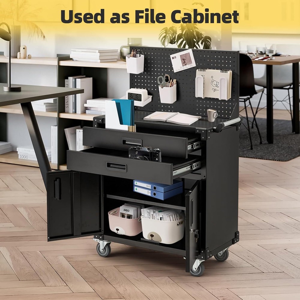 Work Bench with Pegboard Drawers and Cabinets Movable Storage Tool Cabinets