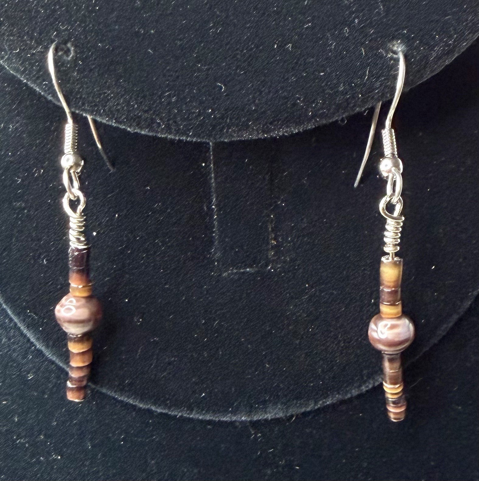 Pinshell Brown Necklace 18.5” Earrings 2”Set Handmade Vintage